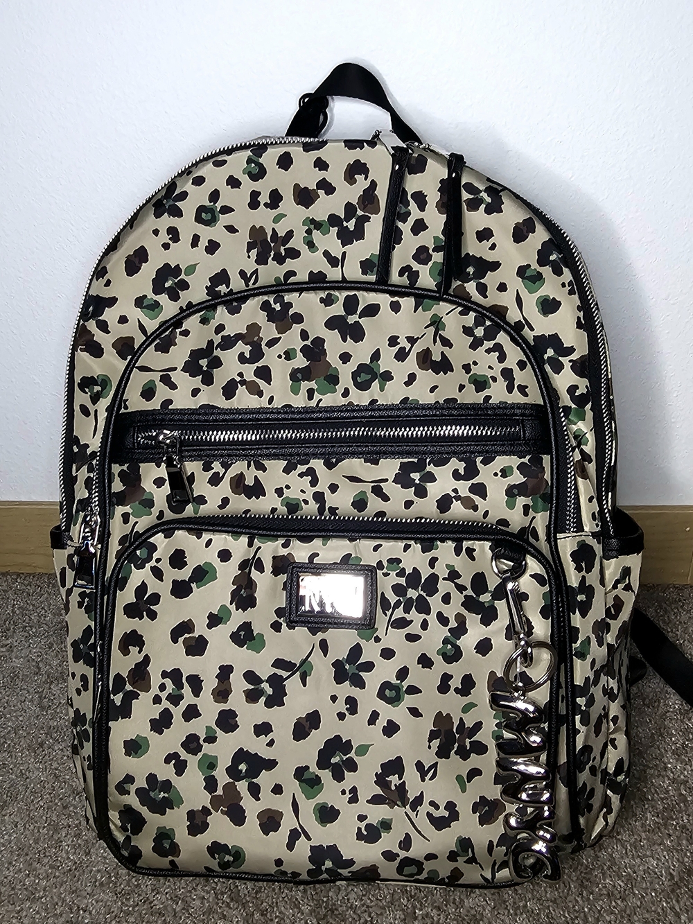 Leopard-Print Beige Women's Backpack with Green Accents